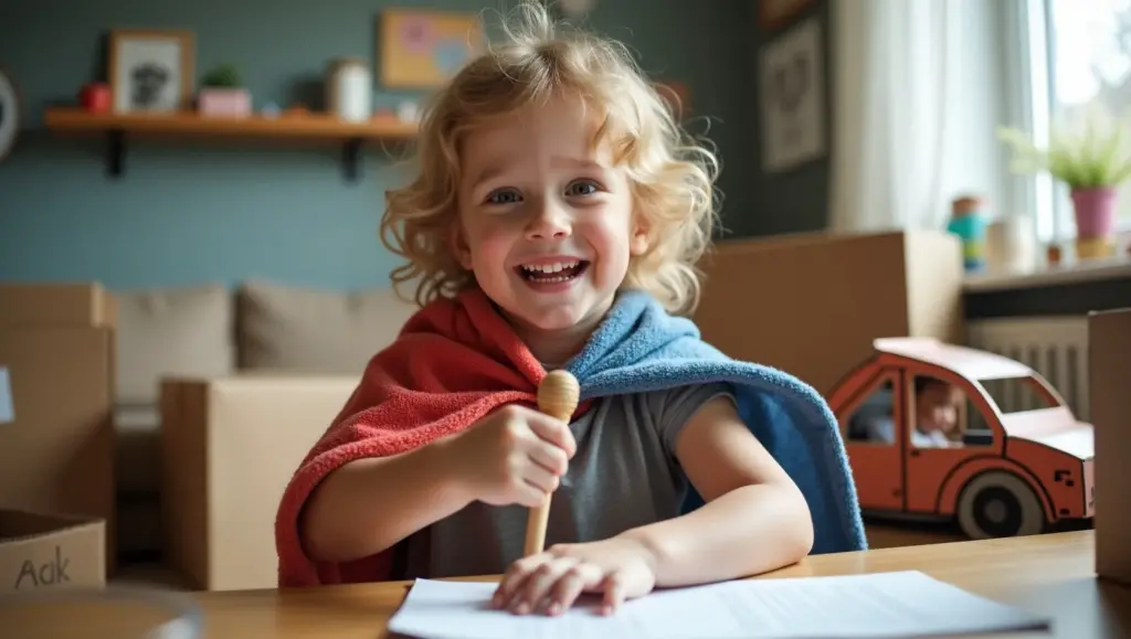 Flux Dev A cheerful child playing roleplay at home using simpl 2
