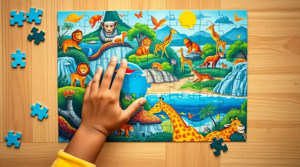 Flux Schnell A top view of a vibrant and colorful jigsaw puzzl 1